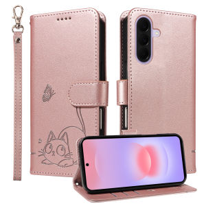 Ốp Lưng Ví Da Samsung Galaxy A Series Thiết Kế Dập Nổi Hình Mèo & Bướm Có Khe Đựng Thẻ Tương Thích Với A17 A27 A37 A57 A56 A36 A26 A16 A55 A35 A25 A15 A54