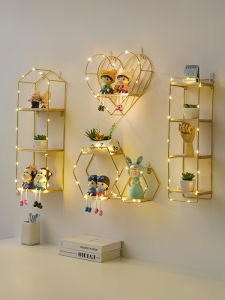 No-Drill Wall Mounted Bedroom Storage Rack Creative Background Decorative Iron Shelf Bedroom Wall Hanging Ornament Organizer