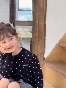 Ambb Kids Áo Khoác Cadigan bé gái phong cách Hàn Quốc ngọt ngào chấm bi dệt kim dày mùa thu