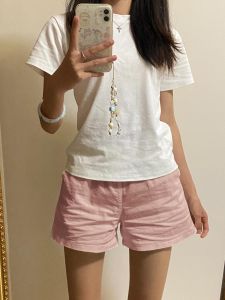 กางเกงขาสั้นผ้าฝ้ายลินินสีชมพูสำหรับผู้หญิงในช่วงฤดูร้อน สไตล์เกาหลี ทรงเอ เอวสูง ทรงหลวม ทรงเข้ารูป ทรงกระบอกเล็ก