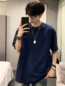 OUMULONG | Áo Thun Retro Thêu Màu Xanh Hải Quân
