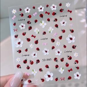 1Pc 5D Embossed Ladybug Flower Nail Stickers Red Black Beetle Daisy Pink Bow Nails Decal White Five Petals Floral Manicure Decor