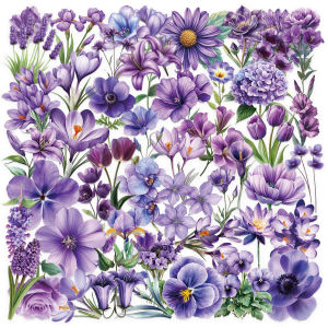 50pcs Transparent Romantic Art Purple Flowers Stickers for Laptops Phone Cases Creative DIY Waterproof Sticker Decoration