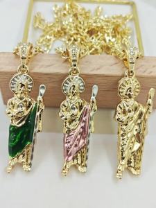Green St. Jude Pendant Necklace - St. Judas San Judas Tadeo Figaro Chain Catholic Saint Jewelry for Men Women