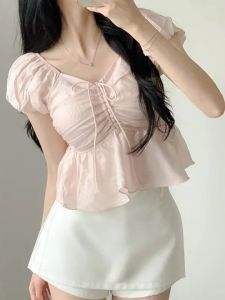 Sweet Style Womens Chiffon Shirt Bowknot Waist Cinching Short Sleeve V-neck Floral Print Casual Fashion Korean Version Top