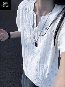 YOULIN | Breathable Lace-Up V-Neck Straight-Shoulder Knit Short Sleeve