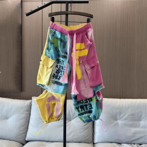 Original Hip Hop Womens Jeans Summer New Elastic Waist Hole Workwear Straight Leg Cuffed Seven-Foot Trendy Denim Pants