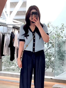 Classic Style Color Matching Short Sleeve Ice Silk Sweater Womens Plus Size Slightly Oversized Girls Hide Fat and Tummy Figure Flattering V-neck Tops Summer