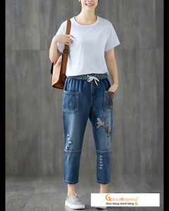 Quần jean nữ kiểu nhật phong cách mộc mạc cotton mềm thêu hoa có big size GLQ122 Queenbe