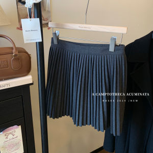 กระโปรงสั้นทรงเอเอวสูงสไตล์สาวฮอตฤดูใบไม้ร่วง/ฤดูหนาว กระโปรงสั้นทรงเอผ้าขนสัตว์ลายจุดสีพื้นสำหรับผู้หญิง กระโปรงสั้นทรงเอแฟชั่น