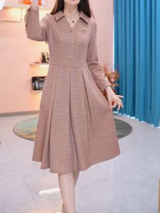 Spring Long Sleeve Womens Dress Elegant Waist-Cinching A-Line Midi Skirt Polo Collar Single Piece Autumn Winter Fashion