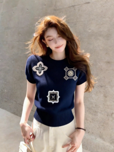 HUOLISI | French Luxury Style Slim Fitting Blue Short Sleeve Knit Top