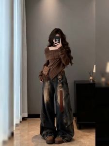 NIUVIES | Áo Sweater Knit Dáng Ngắn Cổ Trụ Lộ Vai Thắt eo