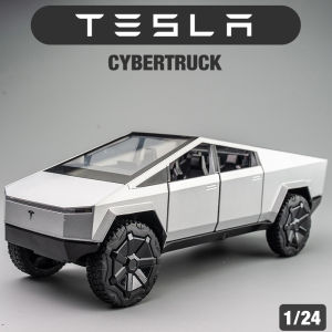 【WJ】1:24  Tesla cybertruck alloy diecast car model simulation sound and light pull back car childrens toy car pickup