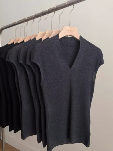 Slim Fit V-Neck Ice Silk Knitted Vest Top Womens Fashion Summer T-Shirt Small Flying Sleeve Trendy Commute Style Pure Color