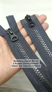 Resleting Zipper Jaket 60 cm Atau 24 inch Dua Kepala Ganda Dobel Type Gigi Vislon Set Open End Buka Lepas Warna Hitam