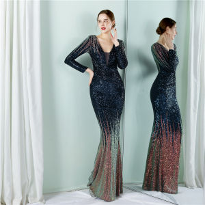 Trumpet/Mermaid Evening Dress – Sequined Sparkle V-Neck Long Sleeve Floor-Length Party Gown for Women
