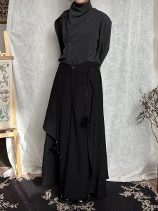 Retro Patchwork High Waist Mens Wide Leg Pants Draping Sensation Mountain Style Loose Fit Large Size Cotton Blend Trousers