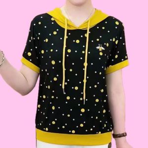100KG Fat Girl Can Wear Hooded Short Sleeve Tops Plus Size Mother Colthes Internet Celebrity Korean Style Fashion Basic Casual age reduction Loose and Thin Shirt Women Polka Dot T-shirt
