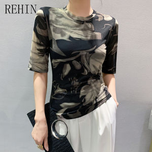 REHIN Autumn Fashion Mesh Printed Short Sleeve Round Collar T-shirt Slim-Fit Korean Stylish and Trendy Women Blouse