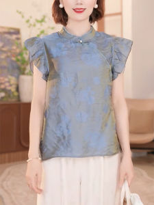 QINGNAER | National Style Light Blue Dyeing Embroidered Chiffon Flutter Sleeve Shirt 2025 New Summer