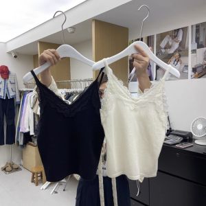 Black Lace Trim V-Neck Strap Vest Womens Inner Wear Knitted Sweet Spicy Top Splicing Design Commute Style Slim Fit