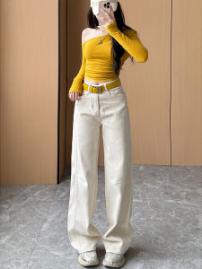 High Waist Wide Leg Denim Jeans Womens Bend Knife Slim Fit Belt Straight Cut Winter Casual Vintage Washed Ladies Jeans