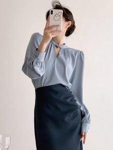 French Blue Acid Silk Long Sleeve Shirt for Women Spring Autumn Petite Hollow Sleeve Work Clothing Loose Style V-Neck Pullover