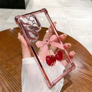 Kawaii Cherry & Pink Bow Print Transparent Phone Case For Samsung S26 S25 S24 S23 S22 S21 Ultra Plus FE Anti-Drop Soft TPU Cover