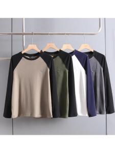 Double-Sided Velvet Heavyweight Long Sleeve round Neck T-Shirt Mens Base Layer Shirt Tiger Head Embroidery Color Block Shoulder Insertion