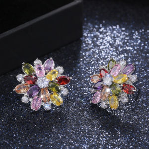 Huitan 2 Lớp Hoa Bông Tai Nữ 7 Màu Hình Học Cổ Điển Cưới Tiệc Khiêu Vũ Tặng Đá Cubic Zirconia Bông Tai Thời Trang