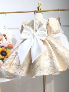 Princess Style Satin Bubble Sleeve Birthday Dress Childrens Clothing Toddler Girls First Year Anniversary Ceremony Dress