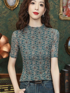 Slim Fit Floral Print Base Shirt Short Sleeve Womens Summer Thin Large Size Mesh Top Versatile Stylish Little Shirt