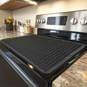 28x20" Silicone Stove Cover Mat - Heatproof Non-Slip Grid for Glass/Ceramic Cooktops Drying Pad & Counter Shield Black