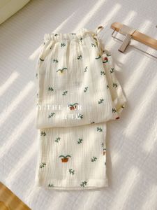 กางเกงนอนผ้าฝ้ายสองชั้นบางหลวมๆ สำหรับผู้หญิง กางเกงขายาวทรงตรง ใส่สบายในฤดูใบไม้ผลิ ฤดูใบไม้ร่วง ฤดูใบไม้ร่วง กางเกงขายาวลำลองสำหรับใส่ในบ้าน