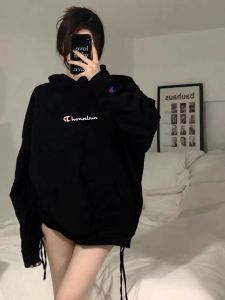 Trendy Champion Rainbow Pure Color Hooded Sweatshirt Womens Autumn and Winter Loose Couple Fleece-lined Thickened Black Tops Men