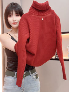 เสื้อสเวตเตอร์คอตั้งหนาป้องกันความหนาวสำหรับฤดูหนาว เสื้อเชิ้ตแขนยาวสีแดงลายดอกไม้ แฟชั่นสตรีท แขนยาว ปกติ ปกติ