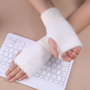1 Pair Warm Fingerless Solid Color Wrist Mittens Touch Screen Knitted Gloves for Women Cute Thickened Plush Half Finger Gloves for Autumn and Winter
