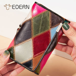 EDERN Cowhide Patchwork Womens Wallet Genuine Leather Long Wallet Colorful Personalized Fashion Coin Purse Card Holder Cellphone Wallet