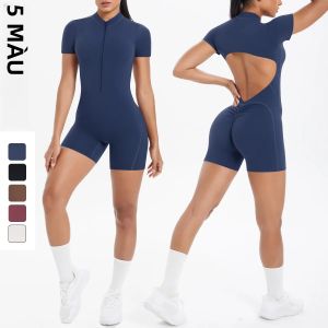 Nữ Khoét Hở Hở Lưng Jumpsuit Tay Ngắn Dây Kéo Bộ Đồ Tập Yoga 1 Legging Cho Tập Gym Push Up Quần Áo Thể Dục