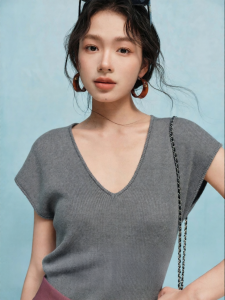 SUSHE | Big V-Neck Wrapped-Shoulder Flutter-Sleeve Short-Sleeve Ribbed Knit Womens Summer Blouse
