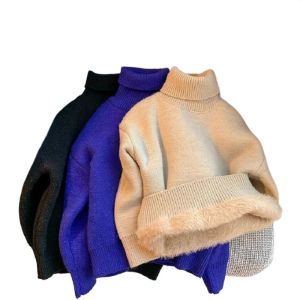 Fleece Lined High Neck Knitwear for Kids Boys Girls Red Black Warm One Piece Velvet Hooded Sweater Autumn Winter New Arrival