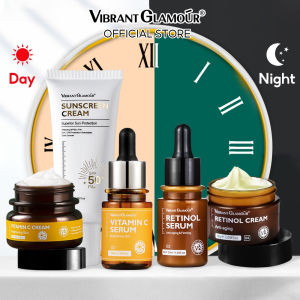 VIBRANT GLAMOUR Combo Vitamin C buổi sáng + Retinol ban đêm 2.0 + Kem chống nắng dưỡng trắng SPF50+ PA+++ (Bộ 5 cái) Làm sáng + Chống lão hóa + Phục hồi hàng rào