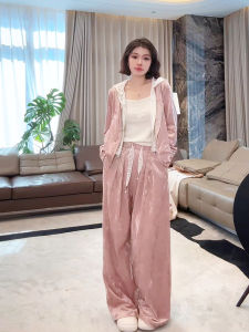 Heavy Embroidery Lace Jacket Casual Pants Set Water Light Powder Fake Two-Piece Set Long Sleeve round Neck Zipper Closure