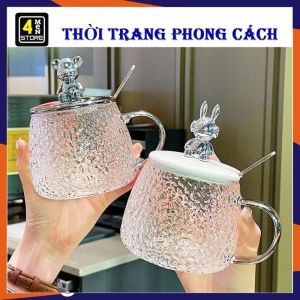 Cốc Thủy Tinh NẮP GẤU Dễ Thương 450ml Kèm Thìa - Ly Thủy Tinh Chịu Nhiệt - Cốc Uống Trà Cà Phê  Cốc Ăn Ngũ Cốc Sữa Chua Thủy Tinh