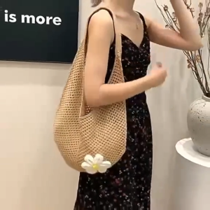 1pcs Crochet Tote Bag Solid Summer Beach Bag Hollow Out Woven Bag Knitted Shoulder Bag