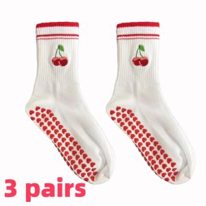 European size 36-43, 3 Pairs Knitted Embroidered Yoga Fitness Pilates Sports Silicone Non slip Bottom Womens Middle Socks