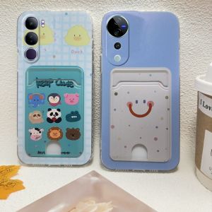 Card Holder Casing VIVO Y200 Y19s Y18 Y18s Y03 Y03t Y28s Y28 Y38 Y100 4G 5G New Funny Cartoon Fashion Smile Panda Bear Animal Phone Case Silicone Protection Back Cover 2024
