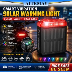 Aitemay Solar Powered LED Warning Light Wireless Vibration Sensor Strobe Lamp For Motorcycle Top Box Side Case Car Safety Red RGB