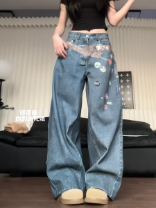 Quần Jeans Denim Ống Rộng in Hoa Phong Cách Mỹ Quần Dài Ôm Dáng Mùa Hè Cho Nữ Quần Thường Ngày Dễ Thương